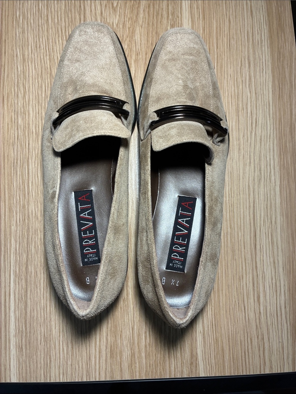 Prevata Beige Suede Slip-On Loafers with Black Metal Bit